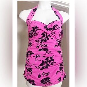SLIMSHAPER Pink Black 1 Piece Halter Sheered Front control panel Size 16